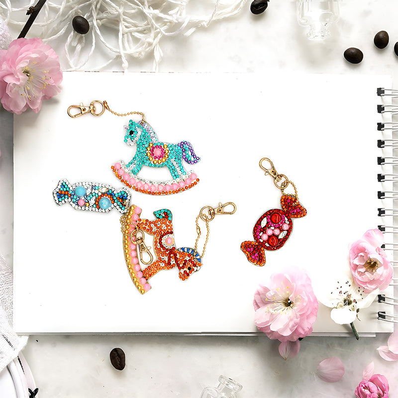 4Pcs Trojan Horse and Candy Acrylic Double Side Keychain Diamond Painting