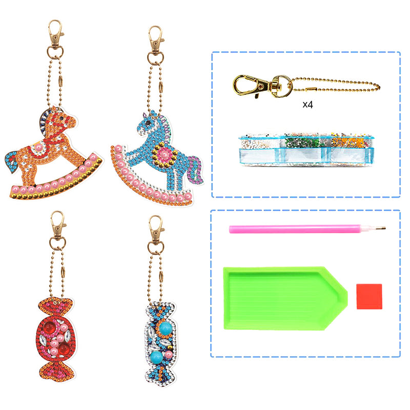 4Pcs Trojan Horse and Candy Acrylic Double Side Keychain Diamond Painting