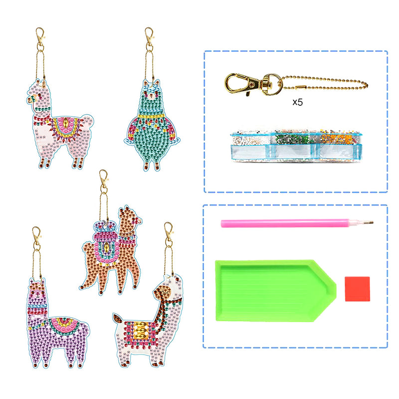 5Pcs Colorful Alpaca Acrylic Double Side Keychain Diamond Painting