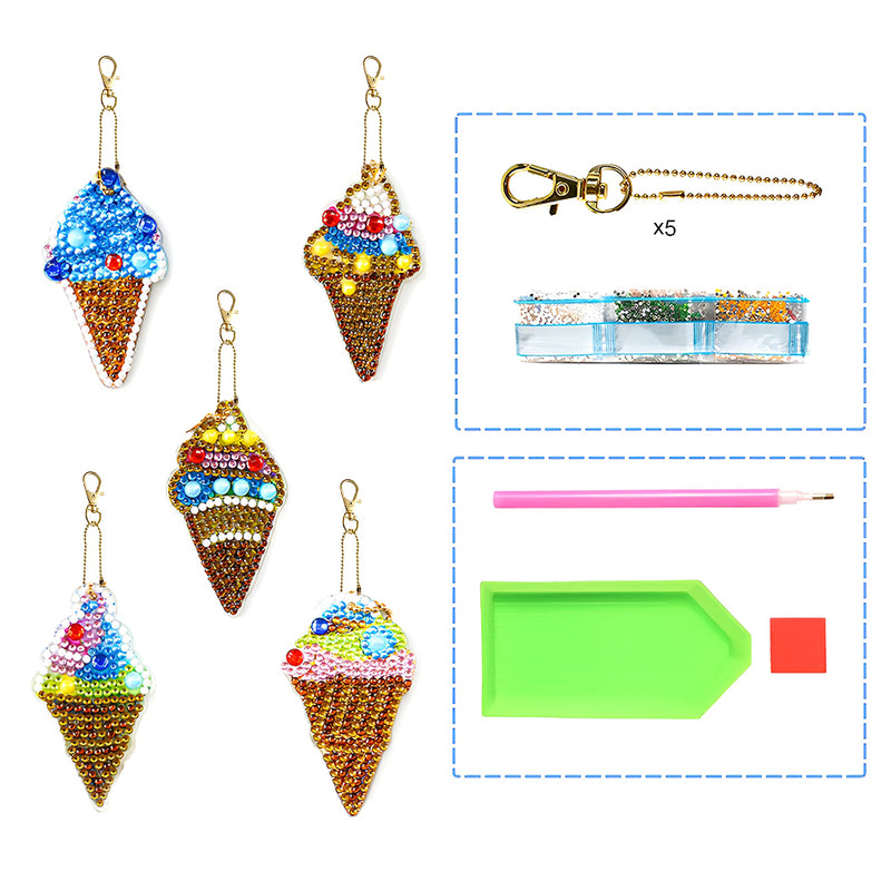 5Pcs Delicious Cones Acrylic Double Side Keychain Diamond Painting