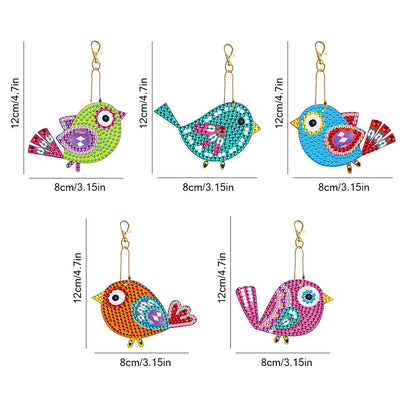 5Pcs Cute Colorful Birds Acrylic Double Side Keychain Diamond Painting