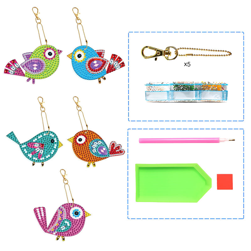 5Pcs Cute Colorful Birds Acrylic Double Side Keychain Diamond Painting