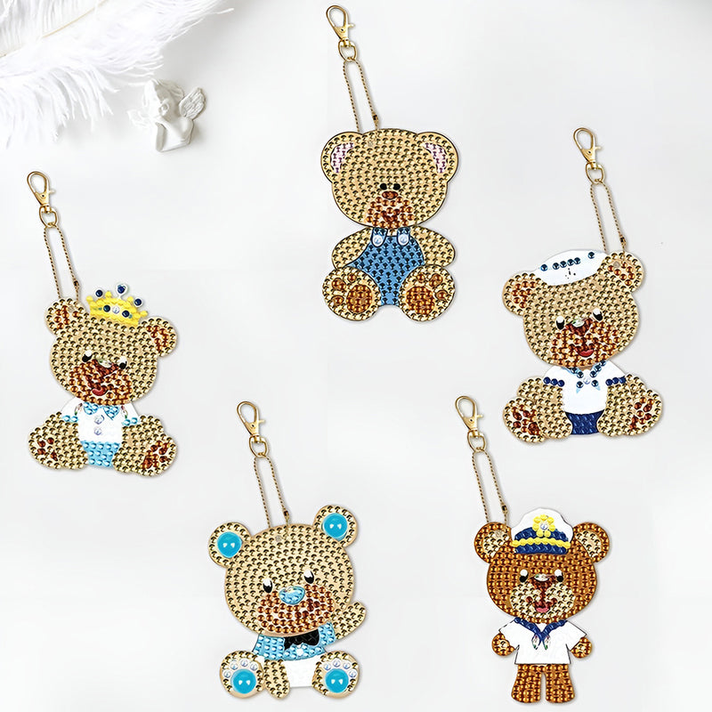 5Pcs Brown Bears Acrylic Double Side Keychain Diamond Painting