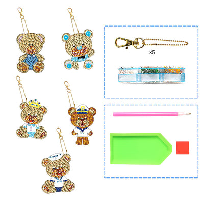 5Pcs Brown Bears Acrylic Double Side Keychain Diamond Painting