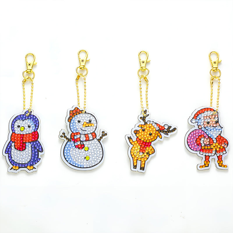 4Pcs Christmas Animals Acrylic Double Side Keychain Diamond Painting