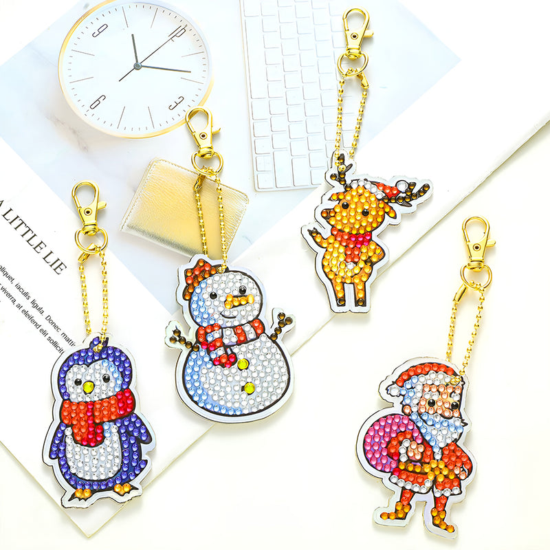 4Pcs Christmas Animals Acrylic Double Side Keychain Diamond Painting