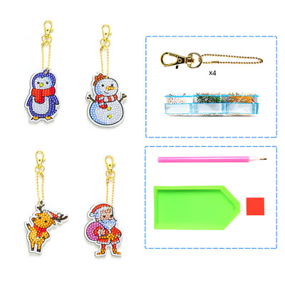 4Pcs Christmas Animals Acrylic Double Side Keychain Diamond Painting