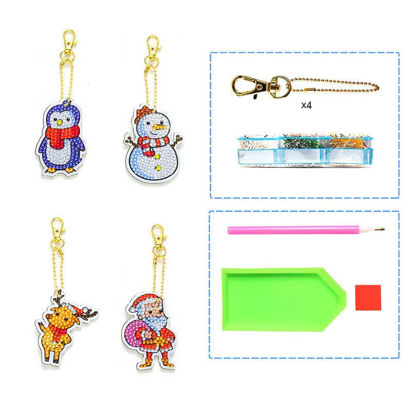 4Pcs Christmas Animals Acrylic Double Side Keychain Diamond Painting