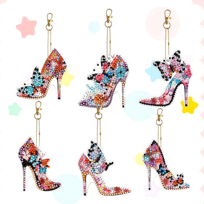 6Pcs Stylish Butterfly High Heels Acrylic Double Side Keychain Diamond Painting