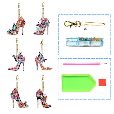 6Pcs Stylish Butterfly High Heels Acrylic Double Side Keychain Diamond Painting