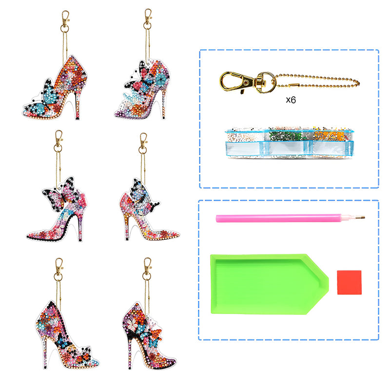 6Pcs Stylish Butterfly High Heels Acrylic Double Side Keychain Diamond Painting