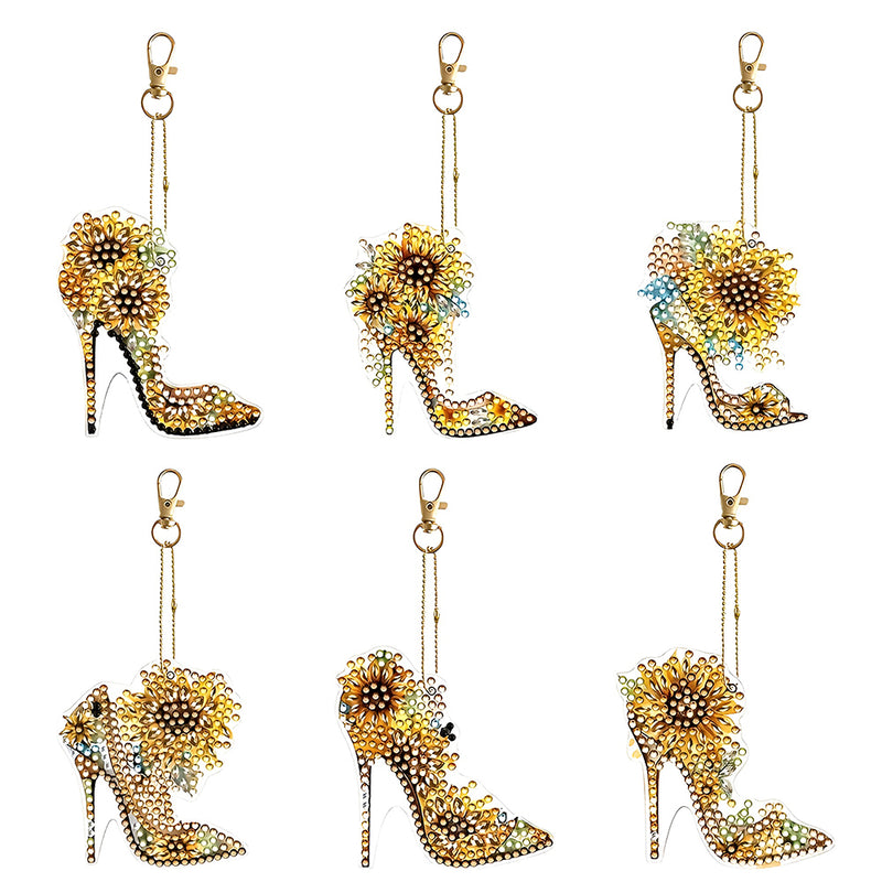 6Pcs Stylish Sunflower High Heels Acrylic Double Side Keychain Diamond Painting