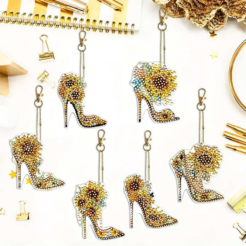 6Pcs Stylish Sunflower High Heels Acrylic Double Side Keychain Diamond Painting