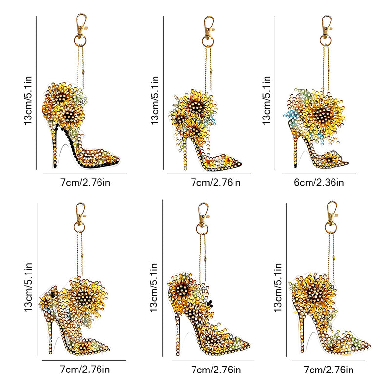 6Pcs Stylish Sunflower High Heels Acrylic Double Side Keychain Diamond Painting