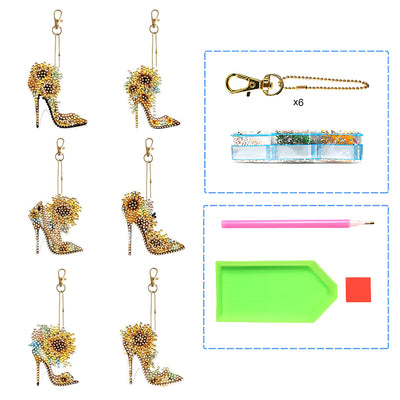 6Pcs Stylish Sunflower High Heels Acrylic Double Side Keychain Diamond Painting