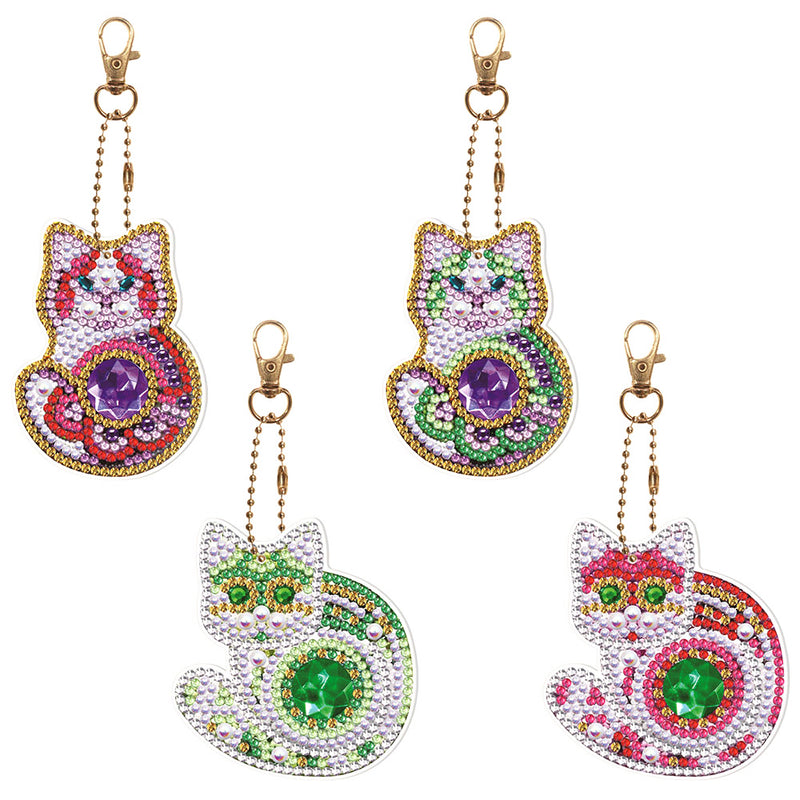 4Pcs Gorgeous Colorful Cat Acrylic Double Side Keychain Diamond Painting