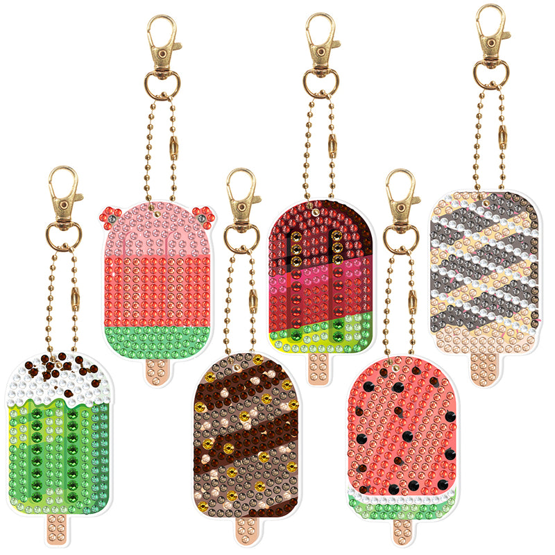 6Pcs Summer Fruit Popsicles Acrylic Double Side Keychain Diamond Painting