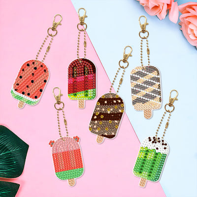 6Pcs Summer Fruit Popsicles Acrylic Double Side Keychain Diamond Painting