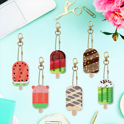 6Pcs Summer Fruit Popsicles Acrylic Double Side Keychain Diamond Painting