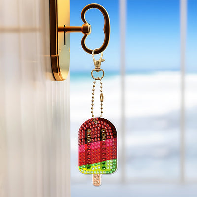 6Pcs Summer Fruit Popsicles Acrylic Double Side Keychain Diamond Painting