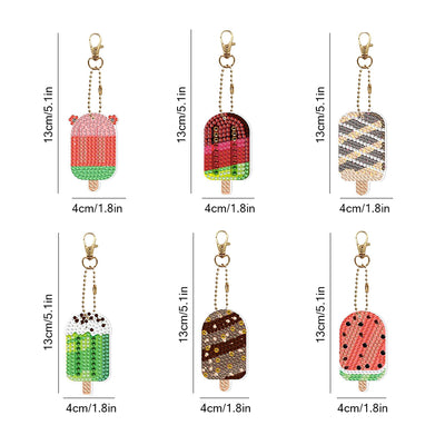 6Pcs Summer Fruit Popsicles Acrylic Double Side Keychain Diamond Painting