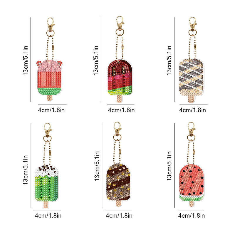 6Pcs Summer Fruit Popsicles Acrylic Double Side Keychain Diamond Painting