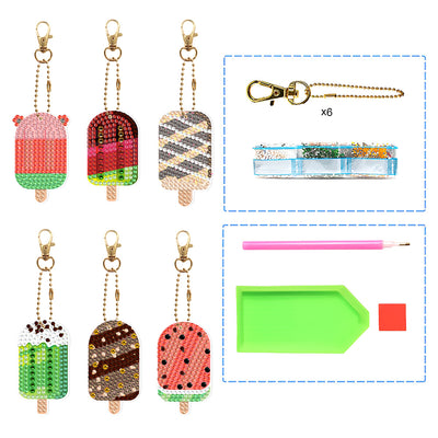 6Pcs Summer Fruit Popsicles Acrylic Double Side Keychain Diamond Painting