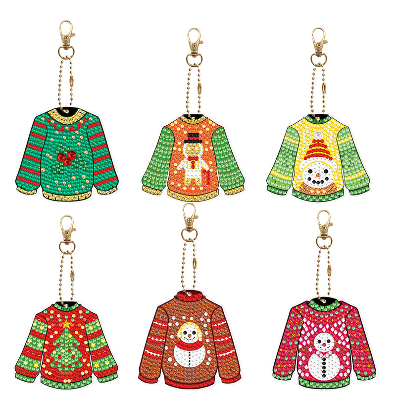 6Pcs Christmas Sweater Acrylic Double Side Keychain Diamond Painting