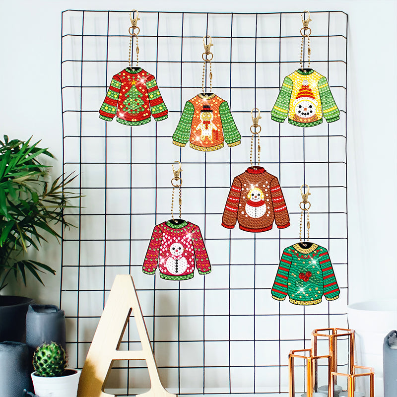 6Pcs Christmas Sweater Acrylic Double Side Keychain Diamond Painting