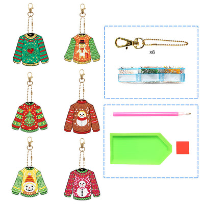 6Pcs Christmas Sweater Acrylic Double Side Keychain Diamond Painting