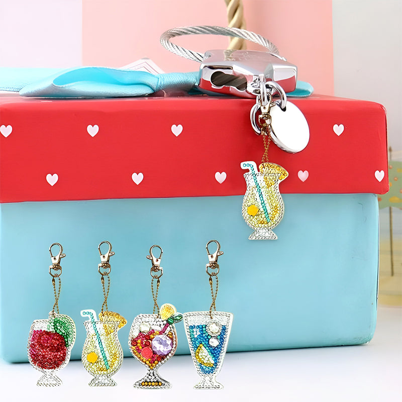 4Pcs Juice Glass Acrylic Double Side Keychain Diamond Painting