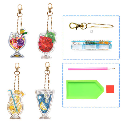 4Pcs Juice Glass Acrylic Double Side Keychain Diamond Painting