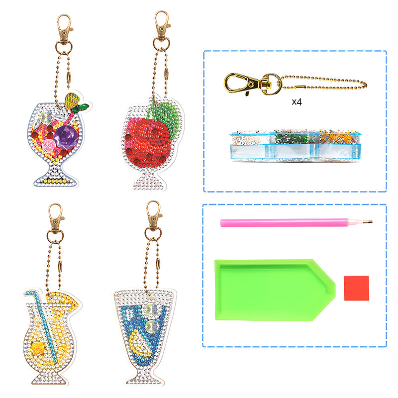 4Pcs Juice Glass Acrylic Double Side Keychain Diamond Painting