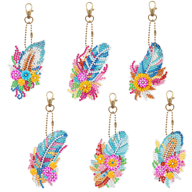 6Pcs Colorful Flower Feathers Acrylic Double Side Keychain Diamond Painting