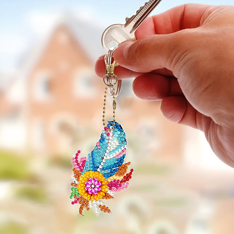 6Pcs Colorful Flower Feathers Acrylic Double Side Keychain Diamond Painting