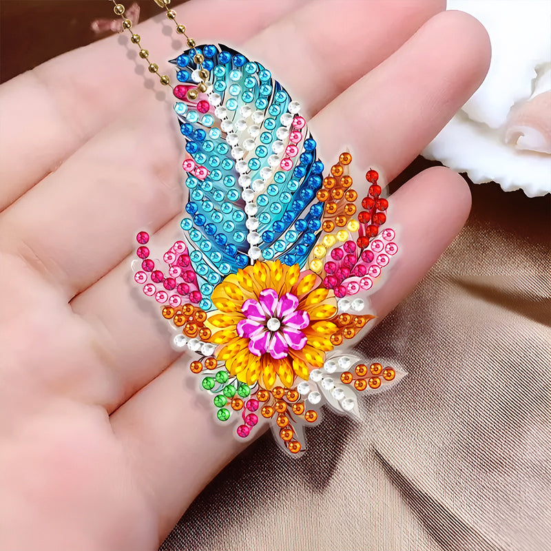 6Pcs Colorful Flower Feathers Acrylic Double Side Keychain Diamond Painting