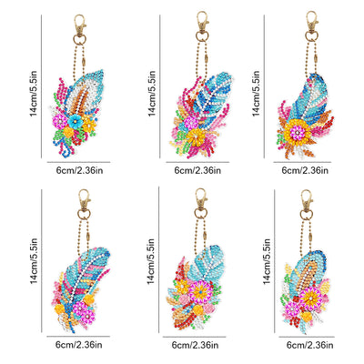 6Pcs Colorful Flower Feathers Acrylic Double Side Keychain Diamond Painting