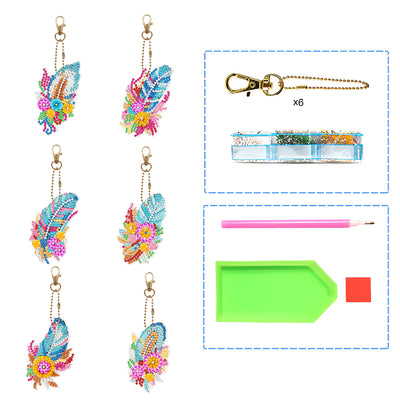 6Pcs Colorful Flower Feathers Acrylic Double Side Keychain Diamond Painting