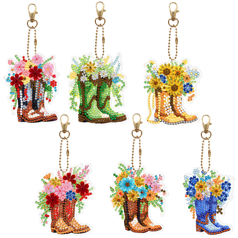 6Pcs Floral Boots Acrylic Double Side Keychain Diamond Painting