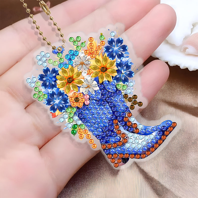 6Pcs Floral Boots Acrylic Double Side Keychain Diamond Painting