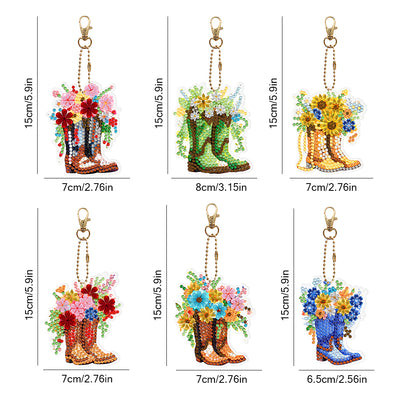 6Pcs Floral Boots Acrylic Double Side Keychain Diamond Painting