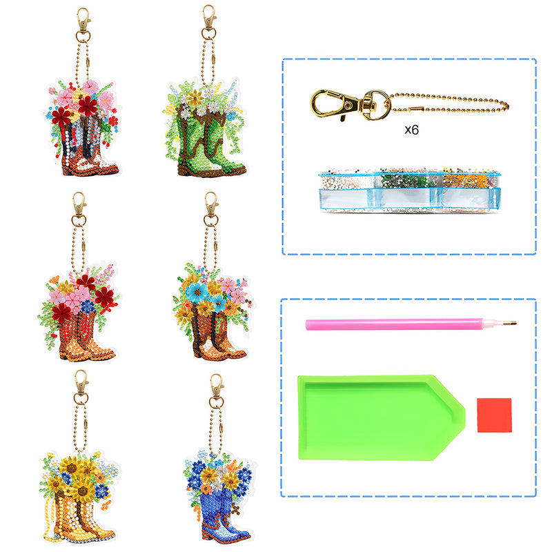 6Pcs Floral Boots Acrylic Double Side Keychain Diamond Painting