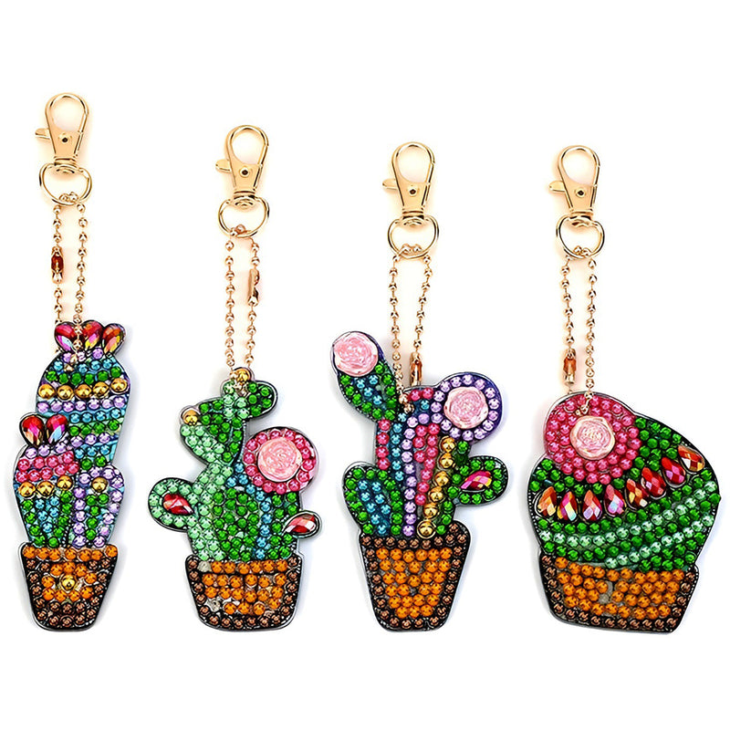 4Pcs Potted Cactus Acrylic Double Side Keychain Diamond Painting