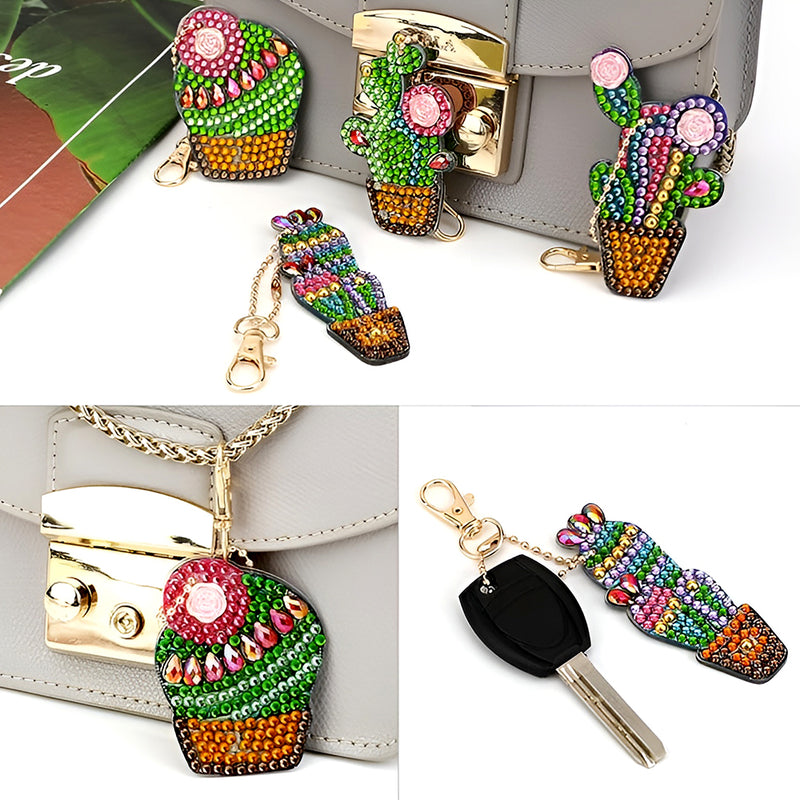 4Pcs Potted Cactus Acrylic Double Side Keychain Diamond Painting