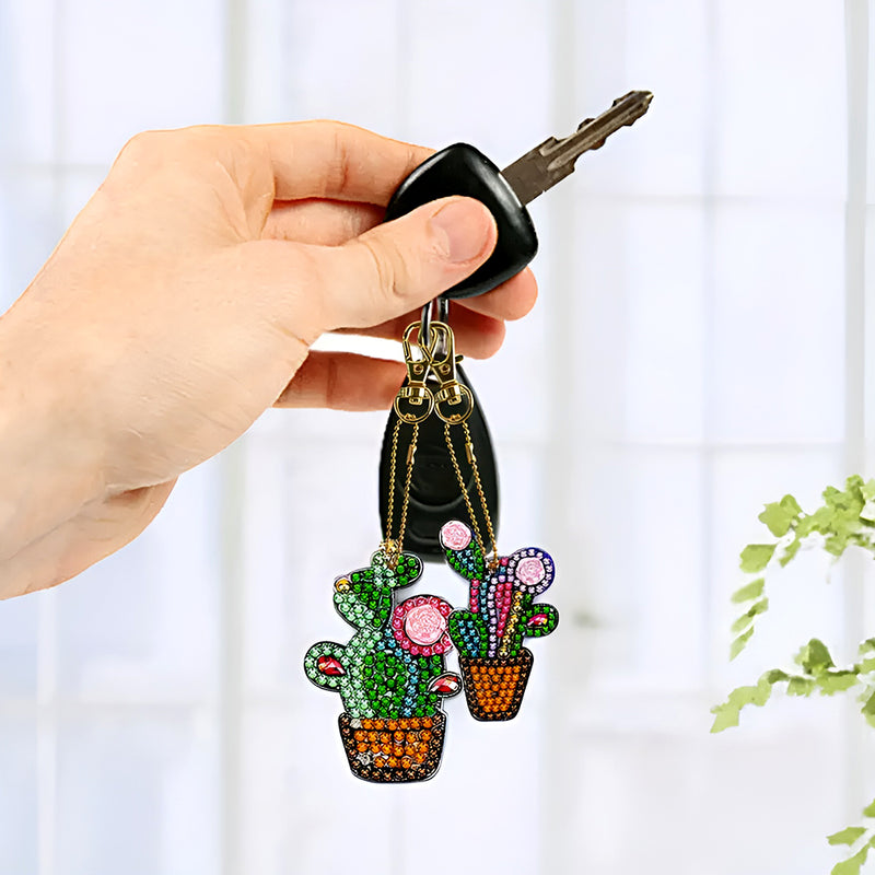 4Pcs Potted Cactus Acrylic Double Side Keychain Diamond Painting