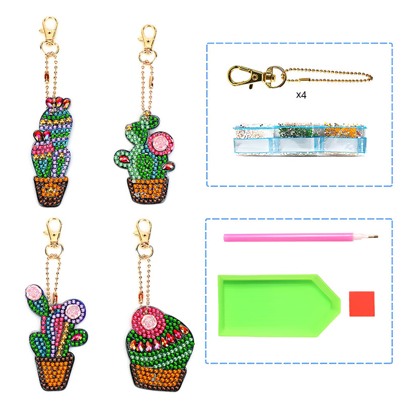 4Pcs Potted Cactus Acrylic Double Side Keychain Diamond Painting