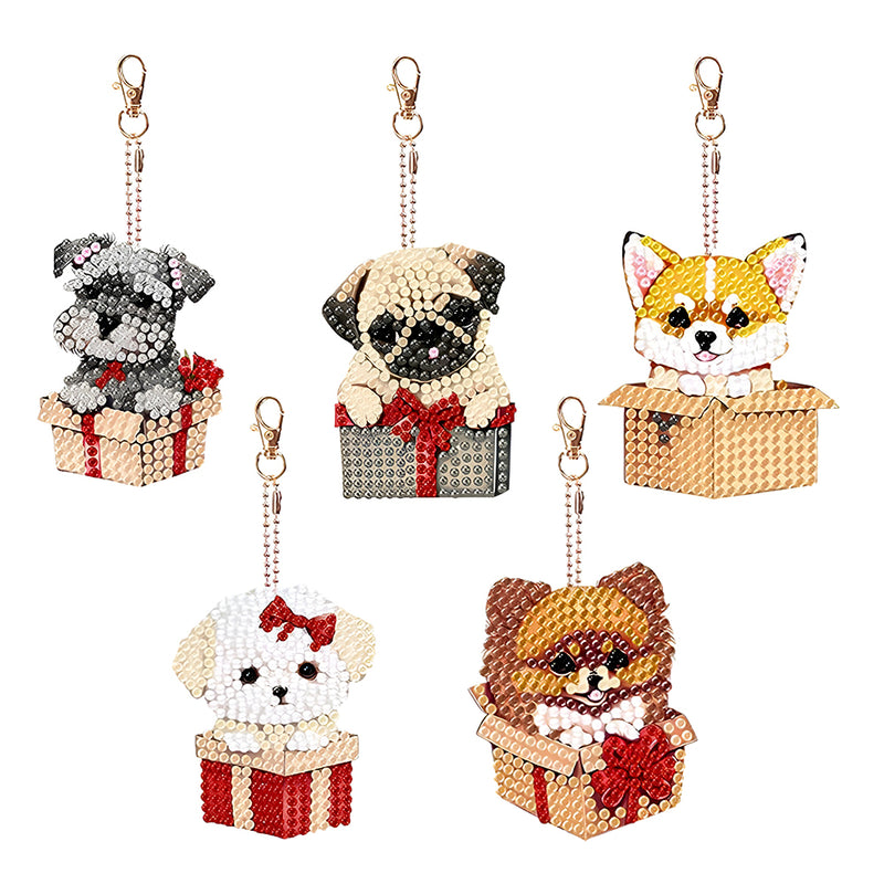 5Pcs Dogs in Gift Boxes Acrylic Double Side Keychain Diamond Painting