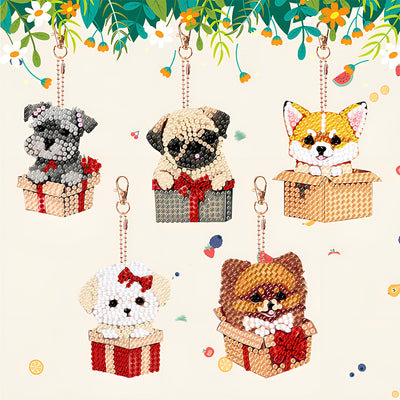 5Pcs Dogs in Gift Boxes Acrylic Double Side Keychain Diamond Painting