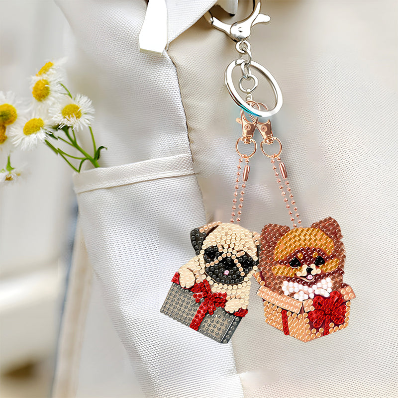 5Pcs Dogs in Gift Boxes Acrylic Double Side Keychain Diamond Painting