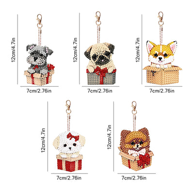 5Pcs Dogs in Gift Boxes Acrylic Double Side Keychain Diamond Painting